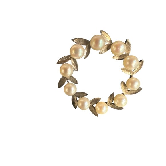 Vintage Silver Tone Leaf & Pearl Circle Brooch Pin Jewelry - Picture 2 of 3